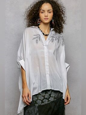 POL Button Down Embroidered Floral High-Low Hem Shirt